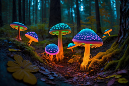 Vibrant Bioluminescent Mushrooms in the Forestの素材