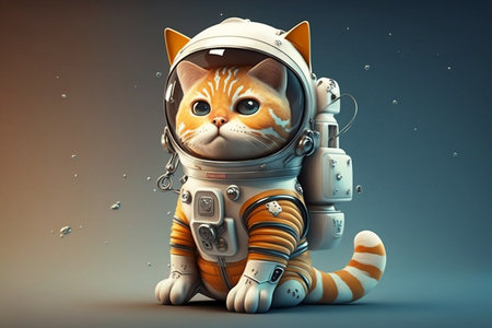 Adorable Cartoon Cat Astronaut Floating in Spaceの素材