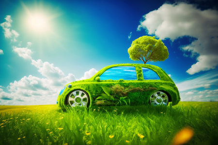 Eco-Friendly Car: A Concept of Pollution-Free and Sustainable Transportation with Green Car Icon on a Spring Meadow with a Blue Sky Backgroundの素材