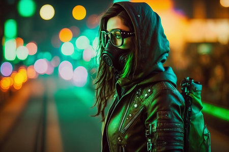 Cyberpunk fashion girl wearing leather hoodie and gas mask with protective glasses, 3D render with colorful glowing wires on night light bokeh in the cityの素材