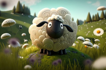 Adorable 3D Cartoon Sheep Grazing in a Meadowの素材