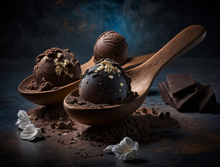 Chocolate truffles in a wooden spoon on a dark textured backgroundの素材