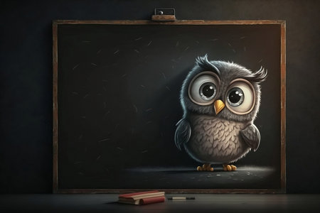 Adorable Cartoon Owl Standing in Front of a Blackboard with Copy Space Banner, Generative Aiの素材