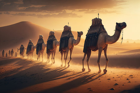 Camel Caravan Trekking Through a Sandy Desert in the Sunlight, Generative Aiの素材