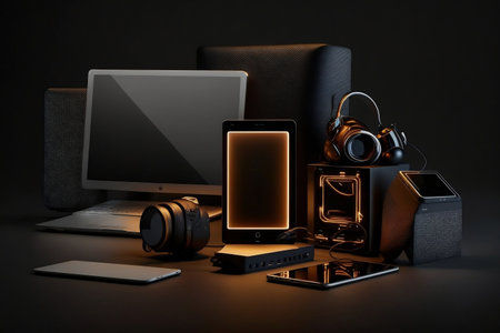 Collection of Electronic Devices on a Black Background, generative Aiの素材