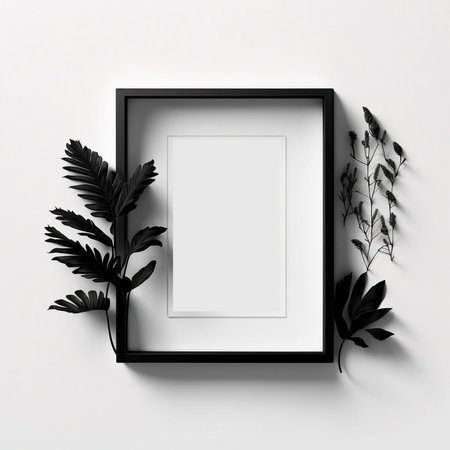 Black frame mockup with tropical leaves on white background. 3D renderingの素材