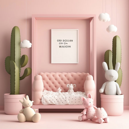 Mock up poster frame in children room interior background, 3D renderの素材