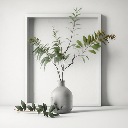 3d illustration, vase with eucalyptus branches in the interiorの素材