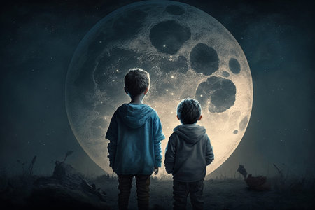 Two Boys Gazing at the Moon from Behind, Generative Aiの素材