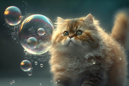 Playful Fluffy Cat with Soap Bubble, Funny Pet Illustration, Generative Aiの素材
