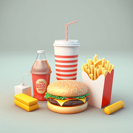 3D render of a fast food set featuring a hamburger, fries, pizza, and soft drinksの素材