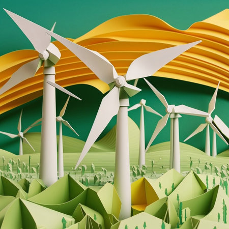 Paper art depicting renewable energy with green wind turbines and carbon-neutral energy goal by 2050の素材