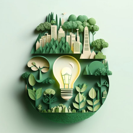 Paper art depicting renewable energy with green wind turbines and carbon-neutral energy goal by 2050の素材