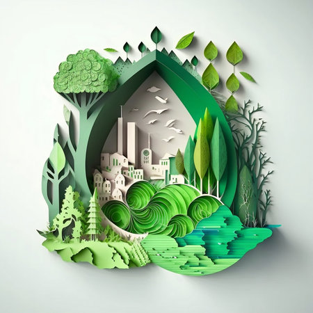 Paper art depicting renewable energy with green wind turbines and carbon-neutral energy goal by 2050の素材