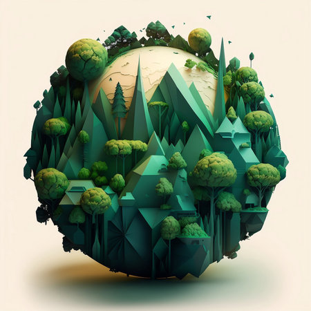 A paper cut-out of a futuristic green Earth sphere, adorned with crystals and a green forest city."の素材