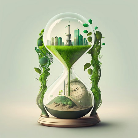 Illustration of an hourglass alongside a green eco-cityの素材