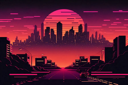 Retro cityscape with a synth wave aesthetic at sunsetの素材