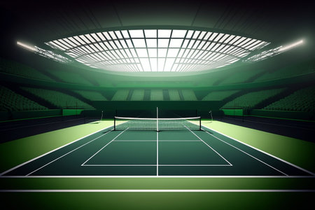 Green indoor tennis court captured during daytimeの素材