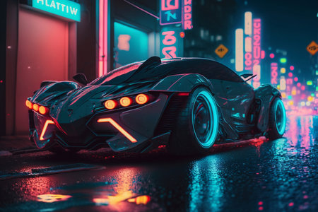 Super sports car parked on the street in a cyberpunk cityの素材