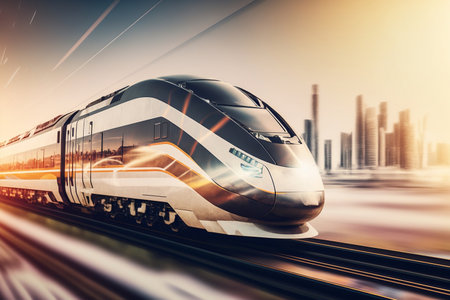 High-speed train in motion against a cityscape backdropの素材