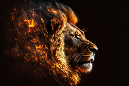 Creative Illustration of a Male Lion King Made of Fire with Hot Flamesの素材