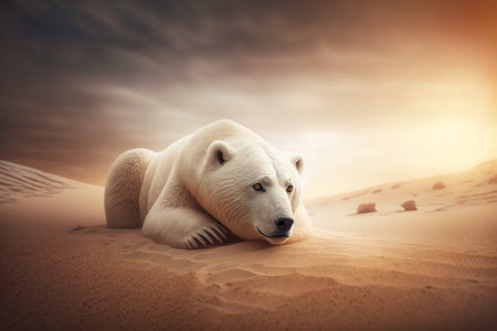 A polar bear laying on top of a sandy beach created with Generative AI technologyの素材