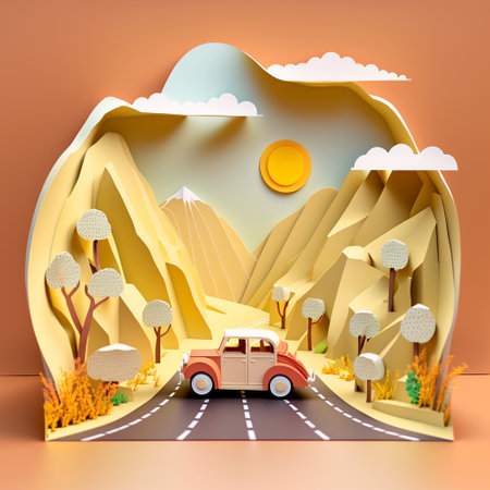 Mountain landscape with retro car. Paper art style. Vector illustration.の素材