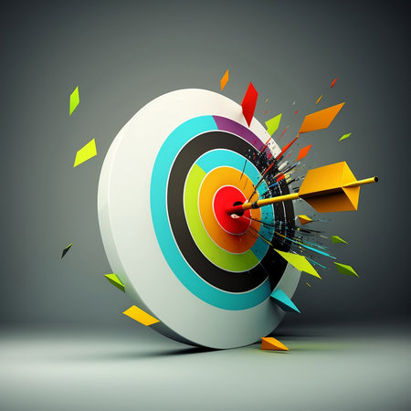 3D render of a target with arrows hitting it on grey backgroundの素材