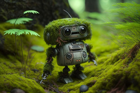 Adorable Small Modern Robot Walking in the Forest, Constructed with Green Moss Bodyの素材
