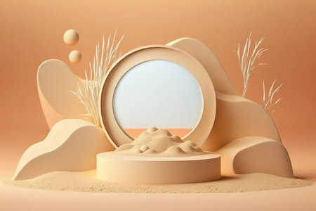 3D Podium Display of Crops on a Sandy Beach with Ocean Pastel Backgroundの素材