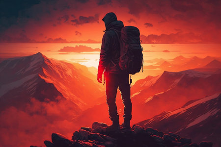 Hiker on the top of the mountain at sunset. 3d illustrationの素材