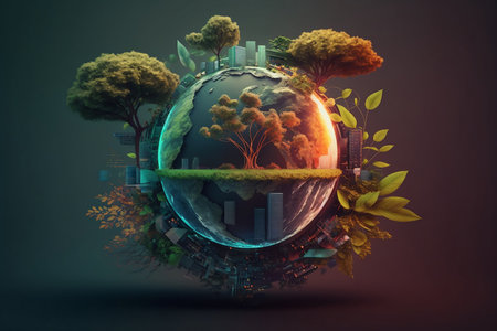 Ecology concept. Earth planet with green trees. 3D renderingの素材