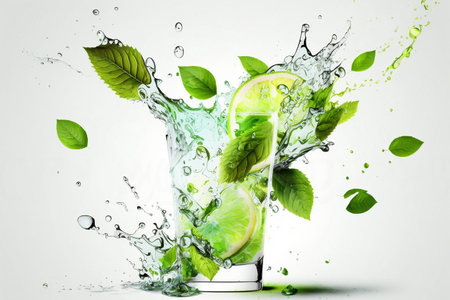 Fresh mojito cocktail with splashes, isolated on white backgroundの素材