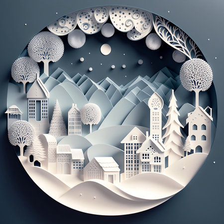 Paper art of winter city landscape with houses, trees and snowflakesの素材