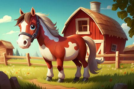 Cute 3d Cartoon Horse on a Farm.の素材