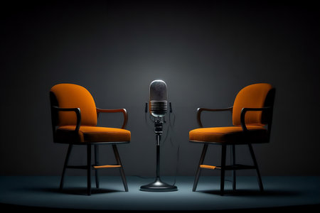 Podcast Studio interior with Two Seats and a Central Microphoneの素材