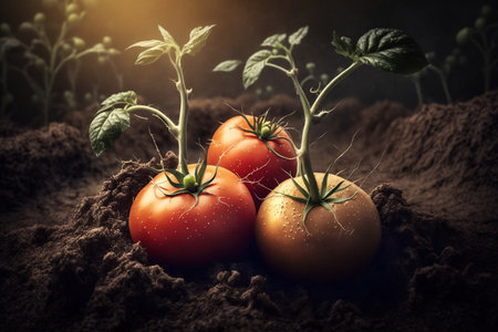 Close-up of Ripe Tomatoes Growing in Soilの素材