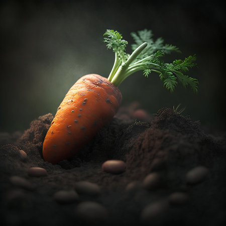 Macro shot of a carrot growing in a garden with rich, dark soilの素材