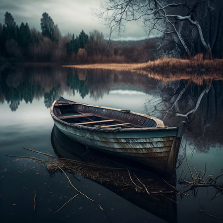 Solitary Boat Floating on a Calm Lakeの素材