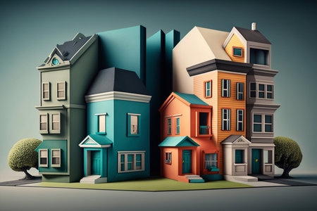 Colorful houses in the city. 3D illustration. Vintage style.の素材