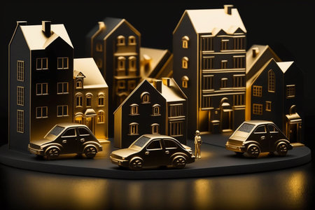3d illustration of golden houses and car on the black background.の素材