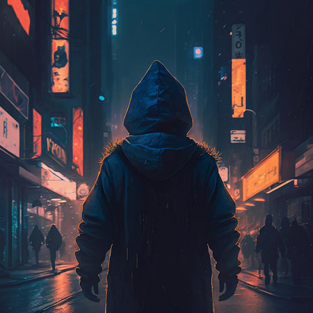 Person wearing a hoodie strolls down a city street at night, in a cyberpunk-style illustrationの素材