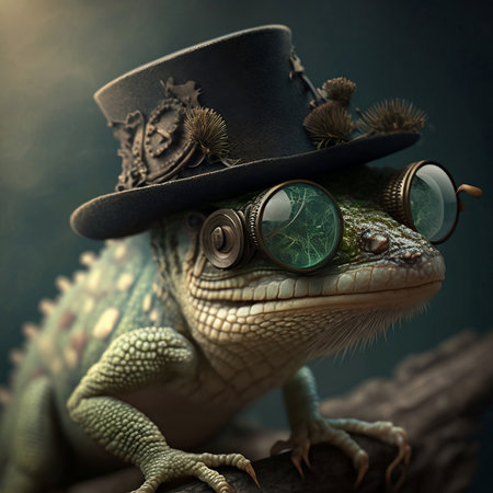 A lizard wearing a hat and steampunk-style glassesの素材