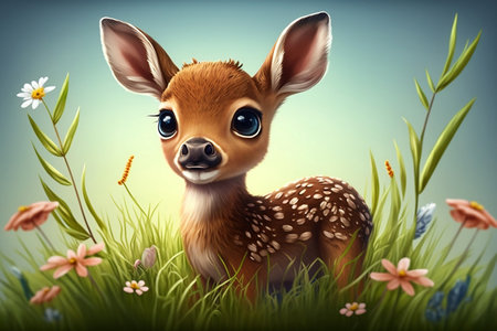 Adorable Cartoon Baby Deer in a Spring Meadowの素材