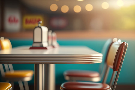 Empty Table in a 1950s American Diner with Blurred Restaurant Backgroundの素材