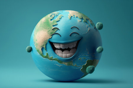 Planet earth with smiley face on blue background. 3d illustrationの素材