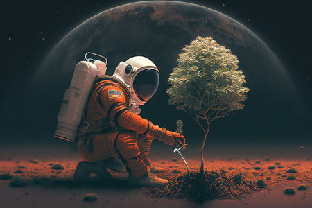 Astronaut planting a tree on a planetの素材