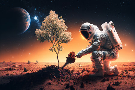 Astronaut planting a tree on a planetの素材