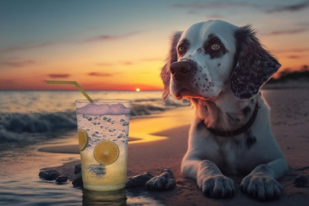 Cute dog with a glass of lemonade on the beach at sunsetの素材