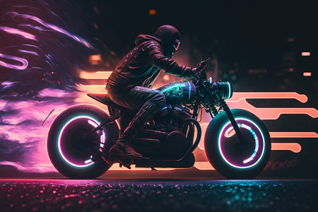 Cyberpunk rider sitting on a motorcycle on a dark background with neon lights.の素材